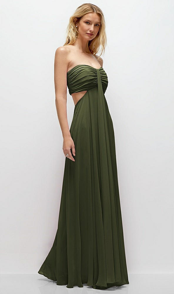 Back View - Olive Green Strapless Empire Waist Cutout Maxi Dress with Covered Button Detail