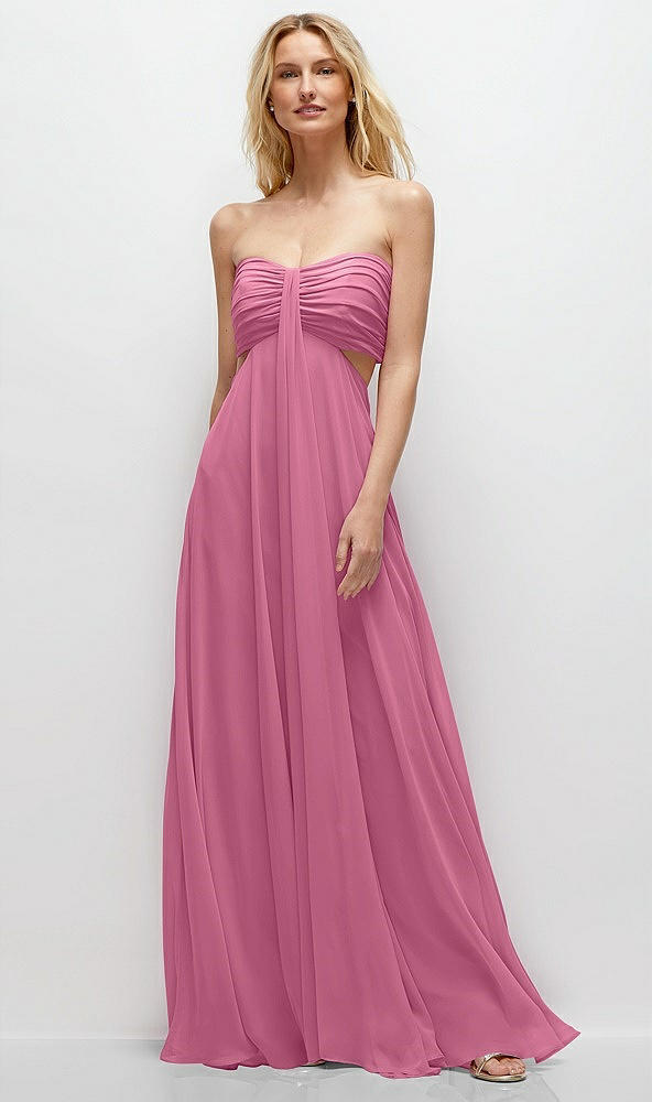 Front View - Orchid Pink Strapless Empire Waist Cutout Maxi Dress with Covered Button Detail