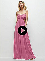 Video 1 Thumbnail - Coquette Floral Print Strapless Empire Waist Cutout Maxi Dress with Covered Button Detail