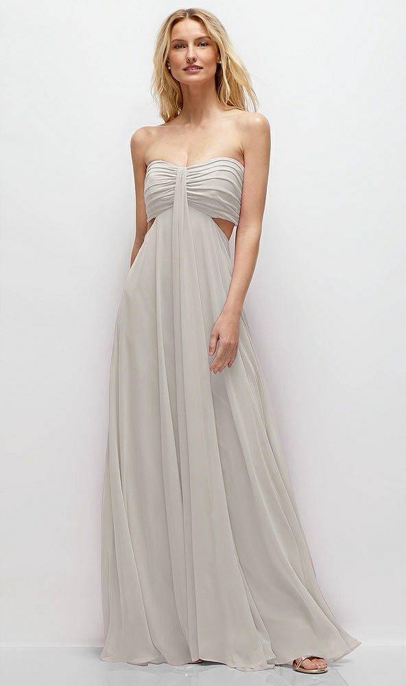 Front View - Oyster Strapless Empire Waist Cutout Maxi Dress with Covered Button Detail