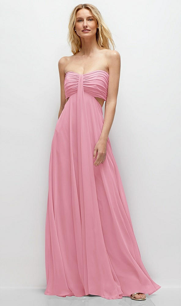 Front View - Peony Pink Strapless Empire Waist Cutout Maxi Dress with Covered Button Detail