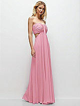 Rear View Thumbnail - Peony Pink Strapless Empire Waist Cutout Maxi Dress with Covered Button Detail