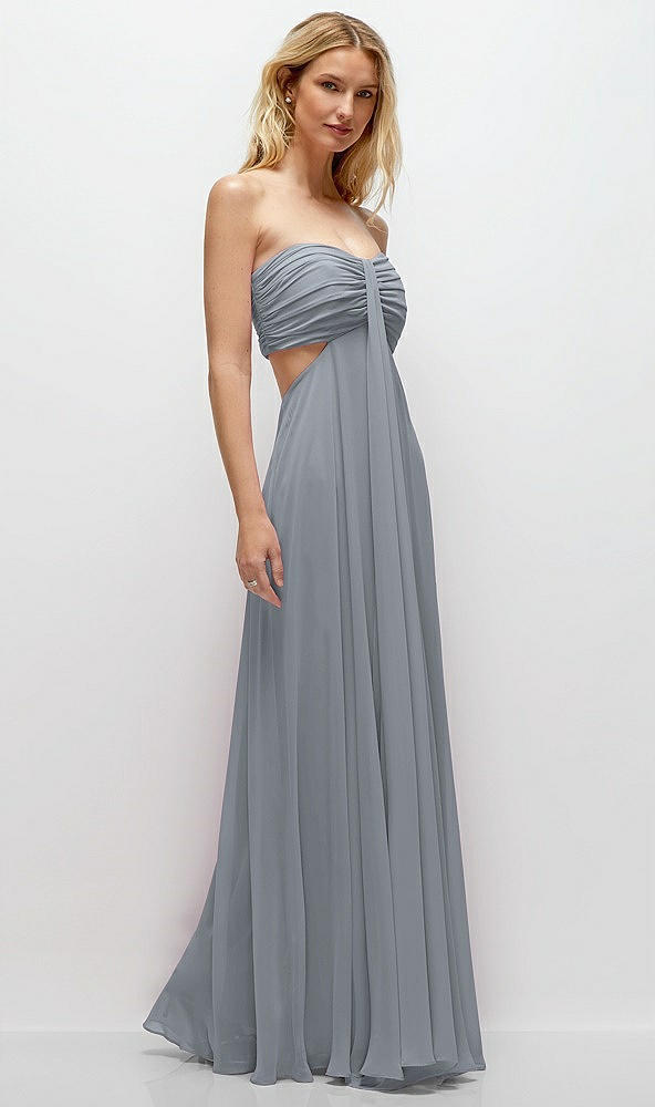 Back View - Platinum Strapless Empire Waist Cutout Maxi Dress with Covered Button Detail