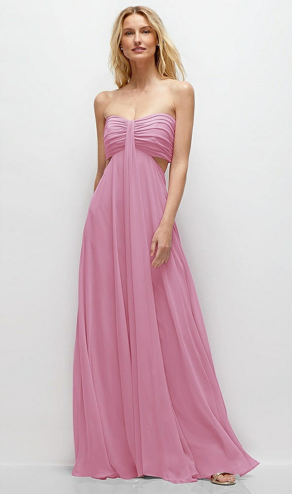 Front View - Powder Pink Strapless Empire Waist Cutout Maxi Dress with Covered Button Detail