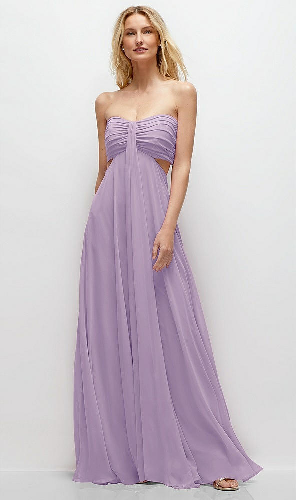 Front View - Pale Purple Strapless Empire Waist Cutout Maxi Dress with Covered Button Detail