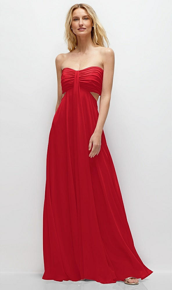 Front View - Parisian Red Strapless Empire Waist Cutout Maxi Dress with Covered Button Detail