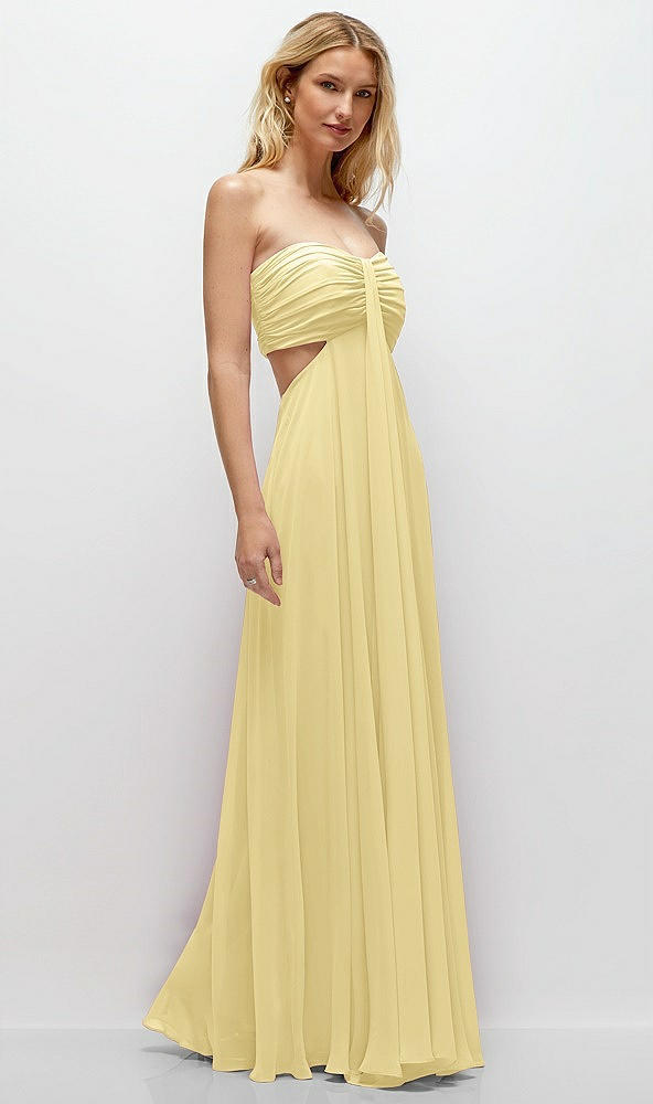 Back View - Pale Yellow Strapless Empire Waist Cutout Maxi Dress with Covered Button Detail