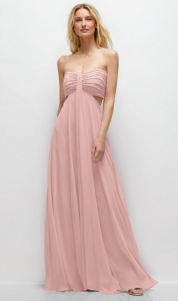 Front View - Rose - PANTONE Rose Quartz Strapless Empire Waist Cutout Maxi Dress with Covered Button Detail