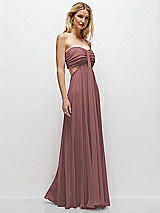 Rear View Thumbnail - Rosewood Strapless Empire Waist Cutout Maxi Dress with Covered Button Detail