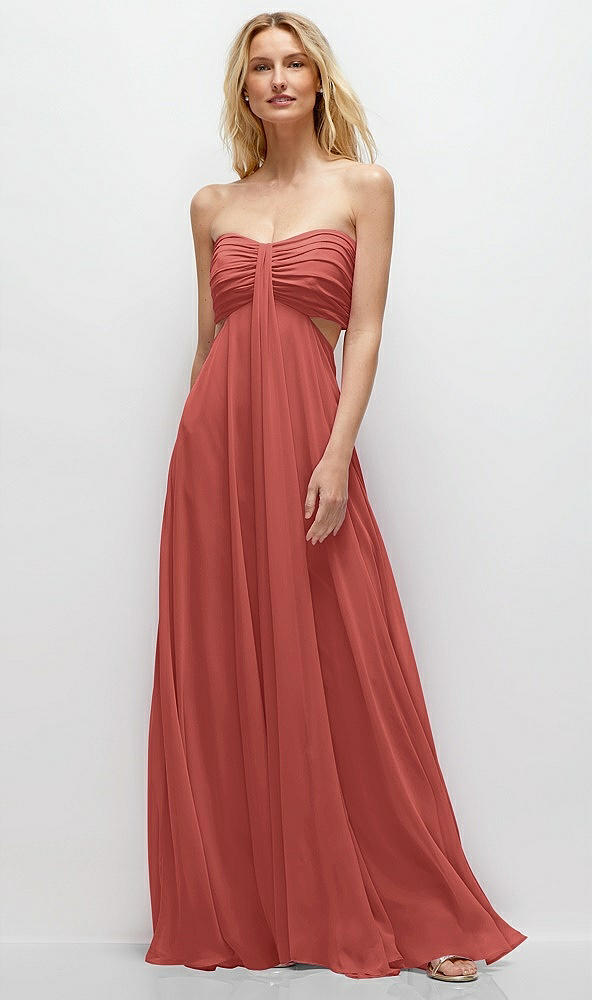 Front View - Coral Pink Strapless Empire Waist Cutout Maxi Dress with Covered Button Detail