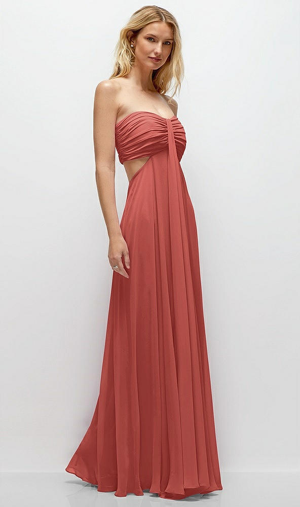 Back View - Coral Pink Strapless Empire Waist Cutout Maxi Dress with Covered Button Detail