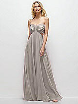 Front View Thumbnail - Taupe Strapless Empire Waist Cutout Maxi Dress with Covered Button Detail