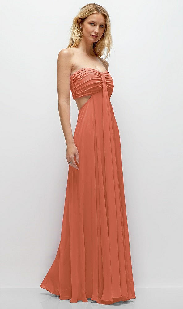 Back View - Terracotta Copper Strapless Empire Waist Cutout Maxi Dress with Covered Button Detail