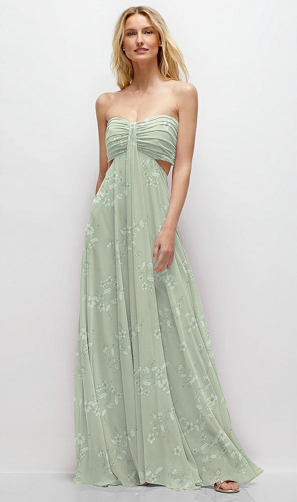 Front View - Vintage Primrose Sage Strapless Empire Waist Cutout Maxi Dress with Covered Button Detail