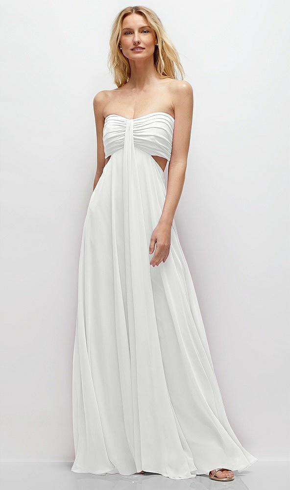 Front View - White Strapless Empire Waist Cutout Maxi Dress with Covered Button Detail