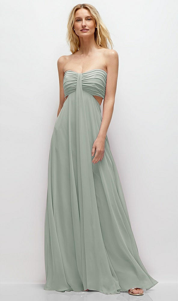 Front View - Willow Green Strapless Empire Waist Cutout Maxi Dress with Covered Button Detail