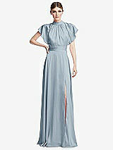 Front View Thumbnail - Mist Shirred Stand Collar Flutter Sleeve Open-Back Maxi Dress with Sash