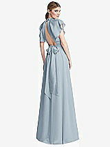 Rear View Thumbnail - Mist Shirred Stand Collar Flutter Sleeve Open-Back Maxi Dress with Sash