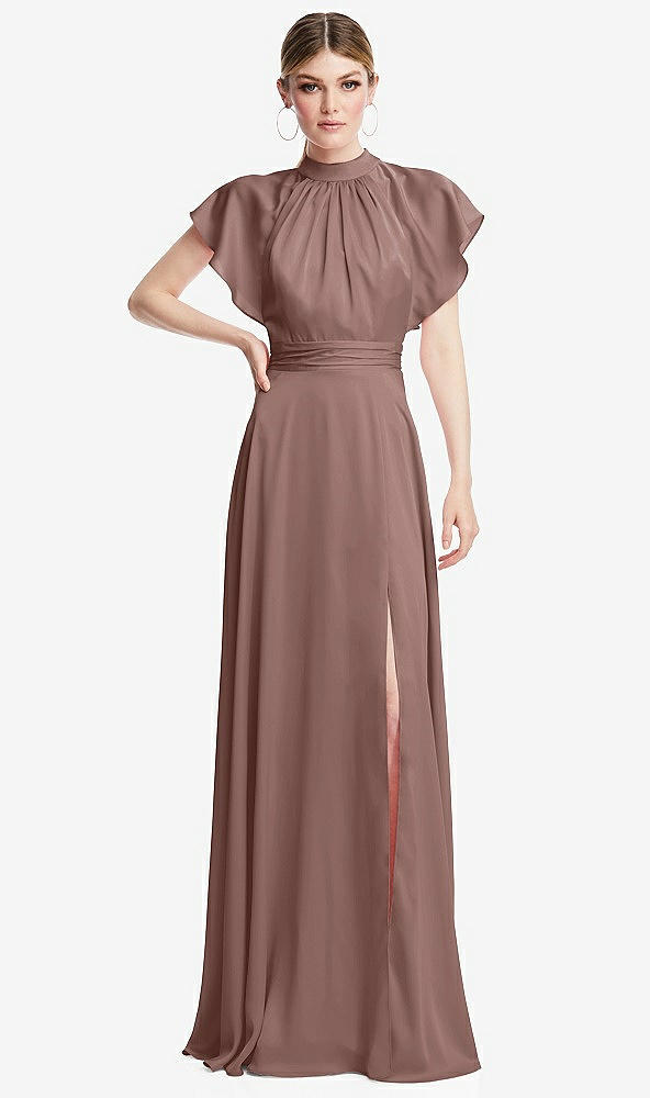 Front View - Sienna Shirred Stand Collar Flutter Sleeve Open-Back Maxi Dress with Sash