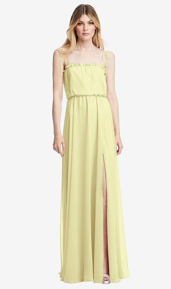 Front View - Butter Yellow Skinny Tie-Shoulder Ruffle-Trimmed Blouson Maxi Dress