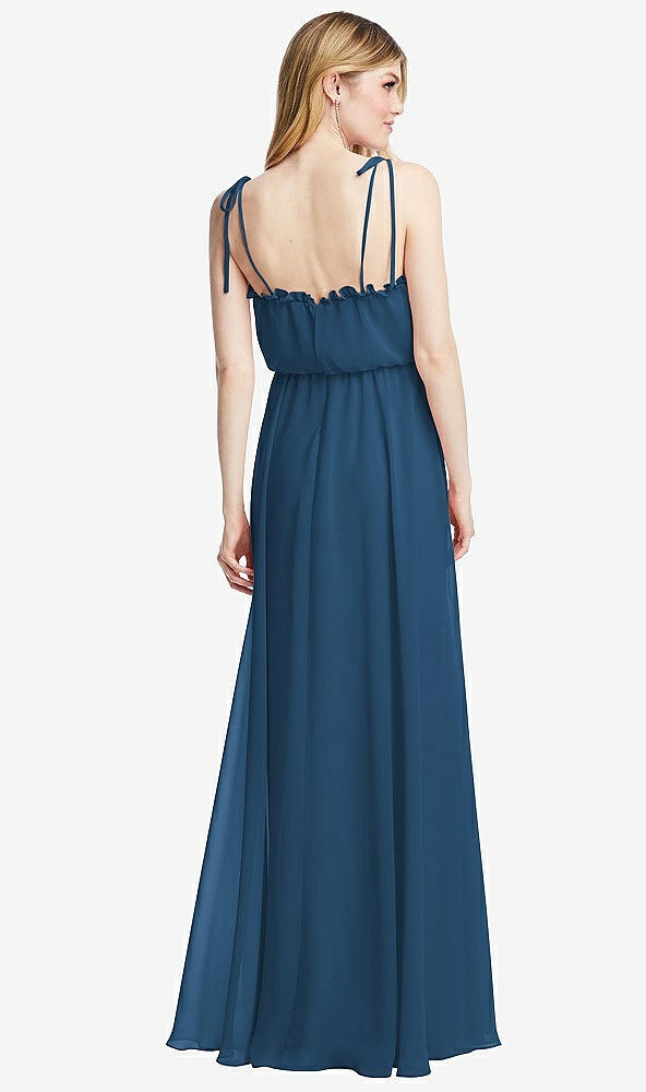 Back View - Dusk Blue Skinny Tie-Shoulder Ruffle-Trimmed Blouson Maxi Dress