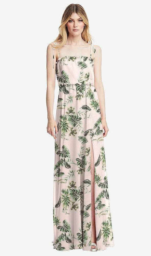 Front View - Palm Beach Print Skinny Tie-Shoulder Ruffle-Trimmed Blouson Maxi Dress