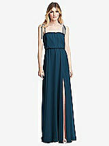 Front View Thumbnail - Atlantic Blue Skinny Tie-Shoulder Ruffle-Trimmed Blouson Maxi Dress