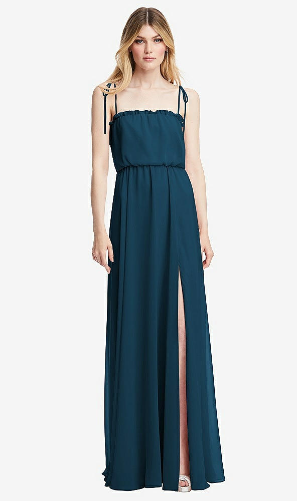 Front View - Atlantic Blue Skinny Tie-Shoulder Ruffle-Trimmed Blouson Maxi Dress