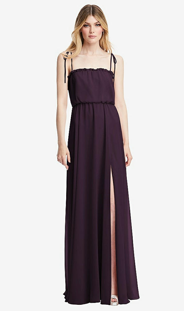 Front View - Aubergine Skinny Tie-Shoulder Ruffle-Trimmed Blouson Maxi Dress