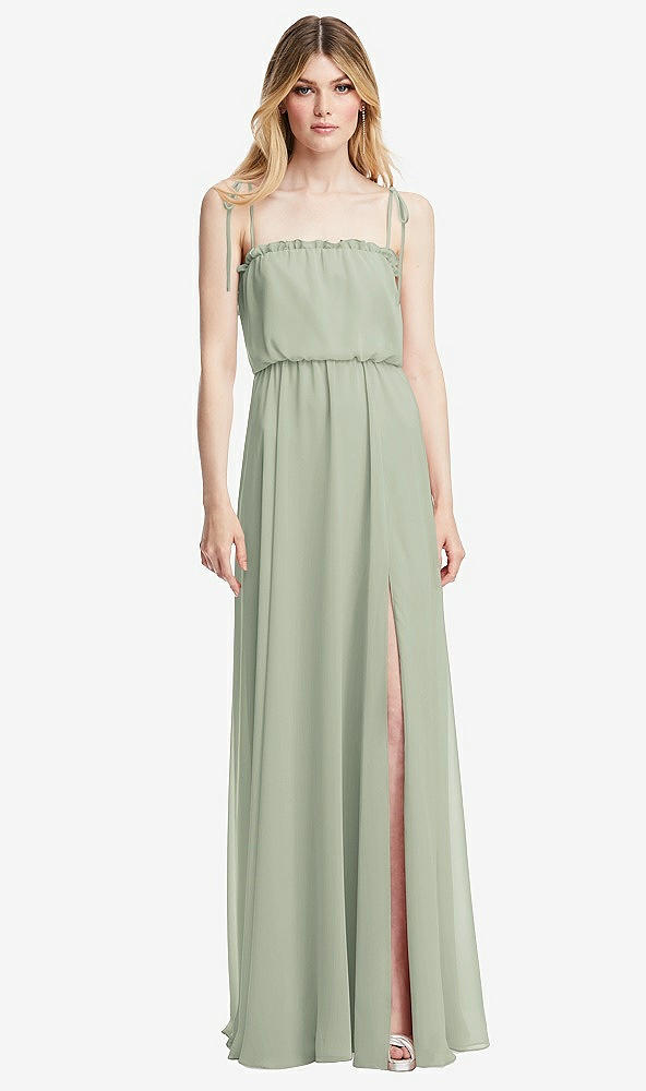 Front View - Celadon Skinny Tie-Shoulder Ruffle-Trimmed Blouson Maxi Dress