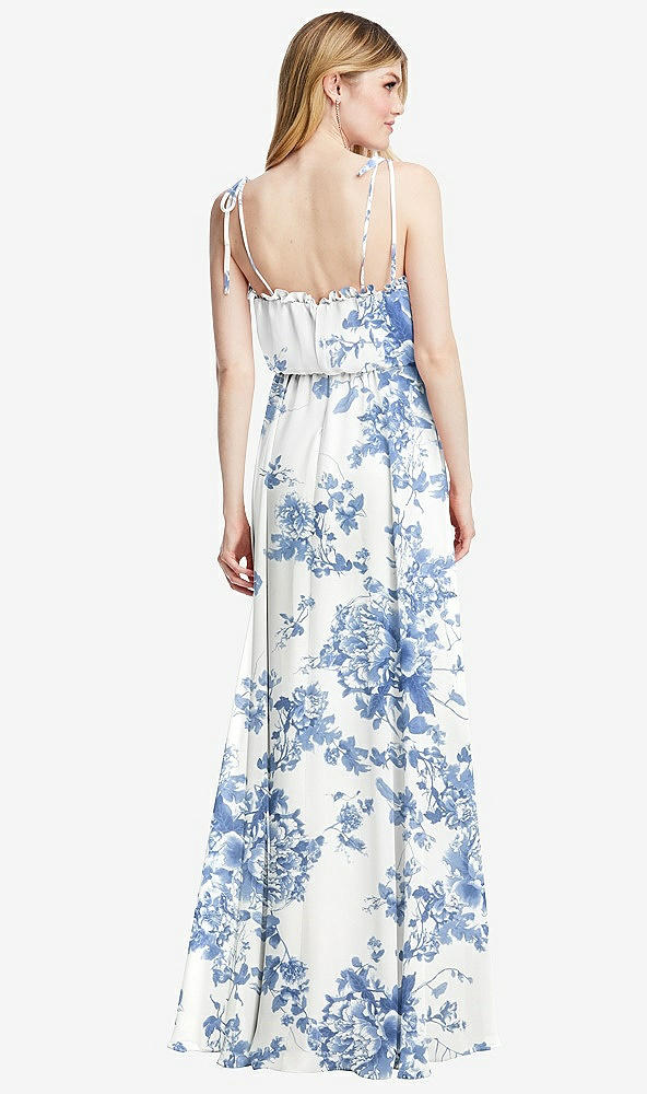 Back View - Cottage Rose Dusk Blue Skinny Tie-Shoulder Ruffle-Trimmed Blouson Maxi Dress