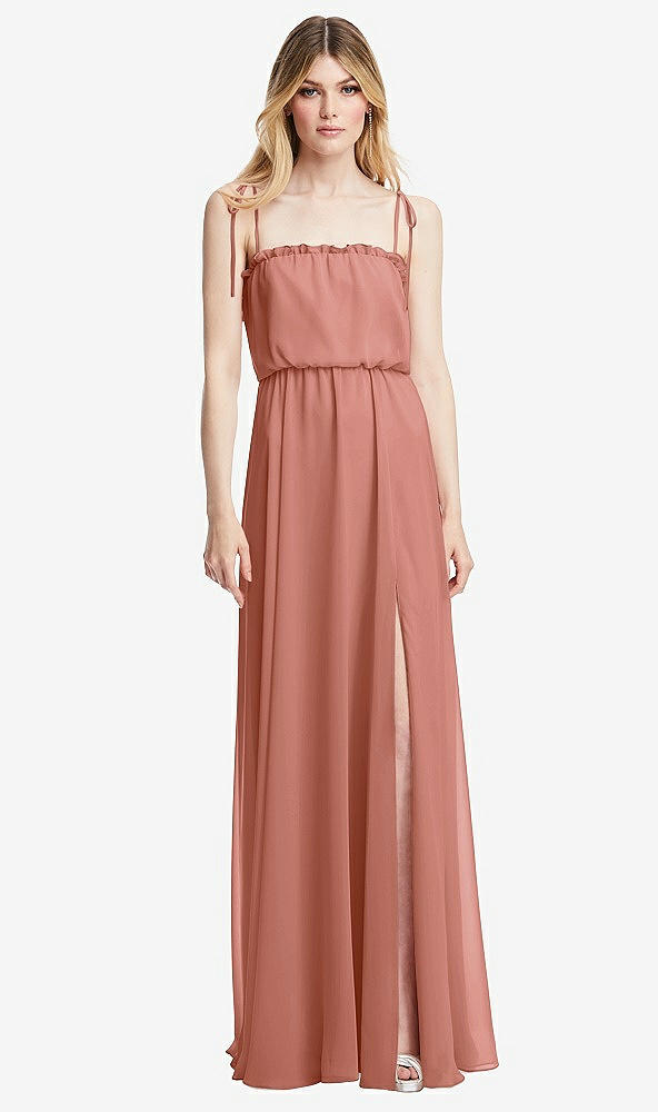 Front View - Desert Rose Skinny Tie-Shoulder Ruffle-Trimmed Blouson Maxi Dress