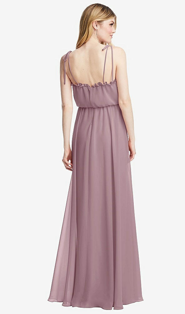 Back View - Dusty Rose Skinny Tie-Shoulder Ruffle-Trimmed Blouson Maxi Dress