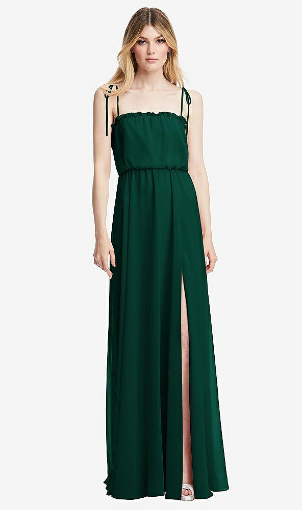 Front View - Hunter Green Skinny Tie-Shoulder Ruffle-Trimmed Blouson Maxi Dress