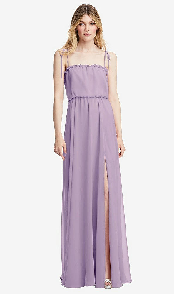 Front View - Pale Purple Skinny Tie-Shoulder Ruffle-Trimmed Blouson Maxi Dress