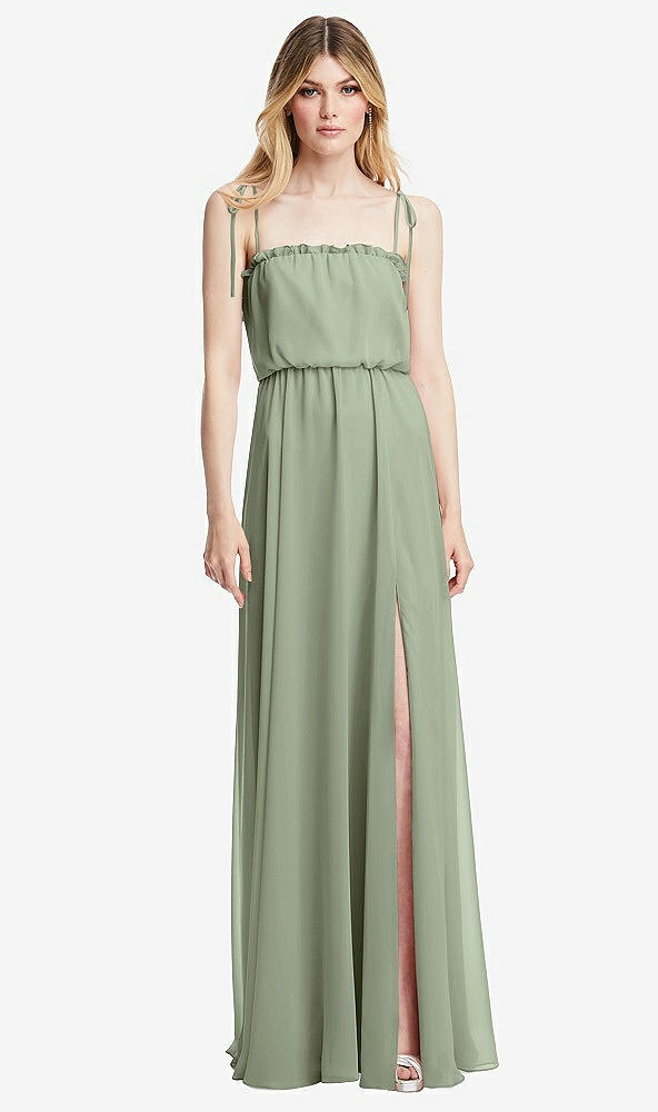 Front View - Sage Skinny Tie-Shoulder Ruffle-Trimmed Blouson Maxi Dress