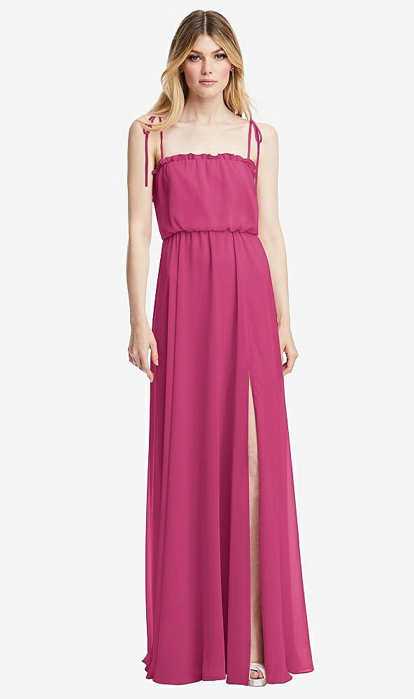 Front View - Tea Rose Skinny Tie-Shoulder Ruffle-Trimmed Blouson Maxi Dress