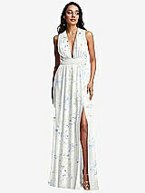 Front View Thumbnail - Bleu Garden Shirred Deep Plunge Neck Closed Back Chiffon Maxi Dress 