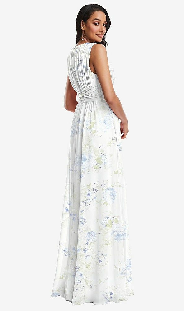 Back View - Bleu Garden Shirred Deep Plunge Neck Closed Back Chiffon Maxi Dress 