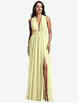 Front View Thumbnail - Butter Yellow Shirred Deep Plunge Neck Closed Back Chiffon Maxi Dress 