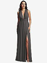 Front View Thumbnail - Caviar Gray Shirred Deep Plunge Neck Closed Back Chiffon Maxi Dress 