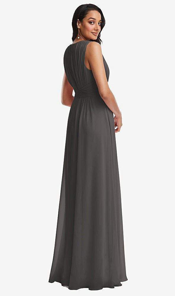 Back View - Caviar Gray Shirred Deep Plunge Neck Closed Back Chiffon Maxi Dress 