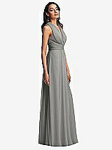 Side View Thumbnail - Chelsea Gray Shirred Deep Plunge Neck Closed Back Chiffon Maxi Dress 