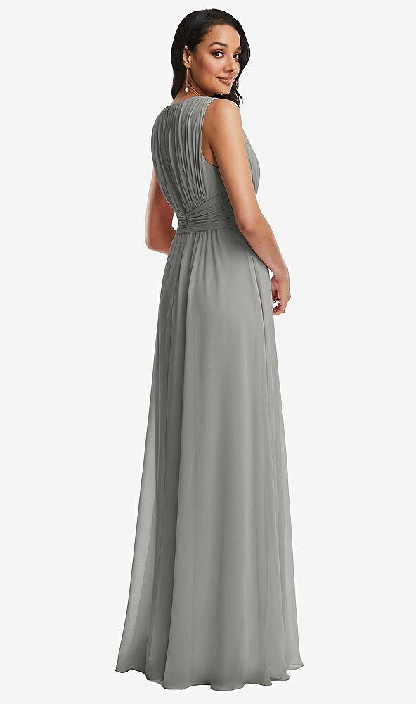 Back View - Chelsea Gray Shirred Deep Plunge Neck Closed Back Chiffon Maxi Dress 