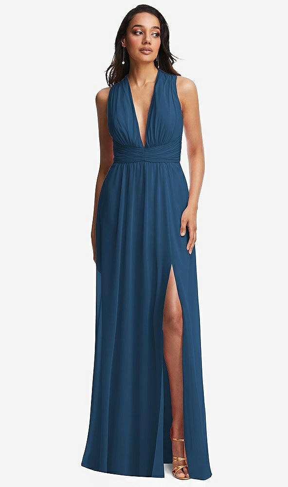 Front View - Dusk Blue Shirred Deep Plunge Neck Closed Back Chiffon Maxi Dress 