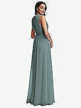 Rear View Thumbnail - Icelandic Shirred Deep Plunge Neck Closed Back Chiffon Maxi Dress 