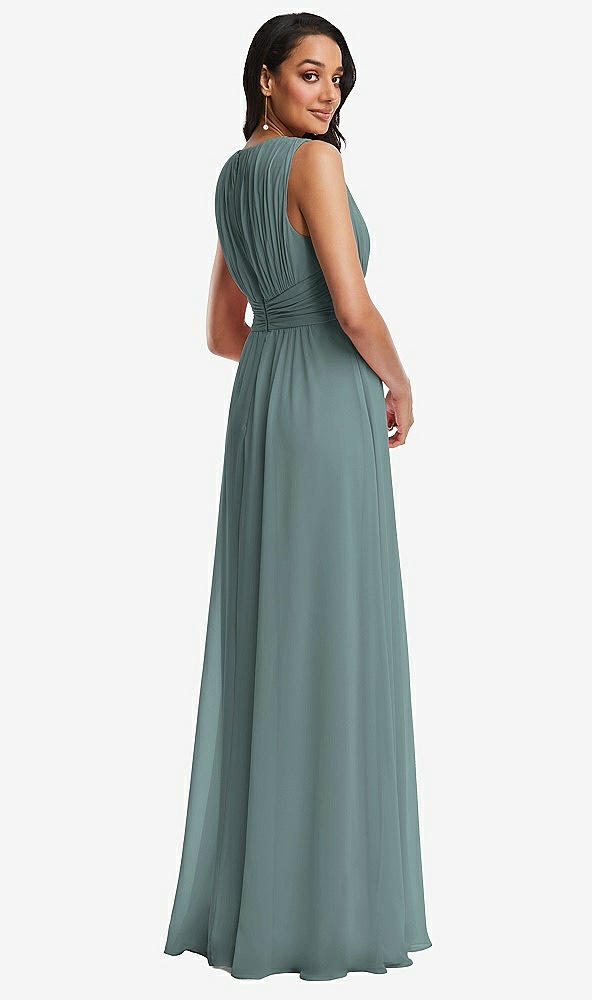 Back View - Icelandic Shirred Deep Plunge Neck Closed Back Chiffon Maxi Dress 