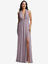 Front View Thumbnail - Lilac Dusk Shirred Deep Plunge Neck Closed Back Chiffon Maxi Dress 