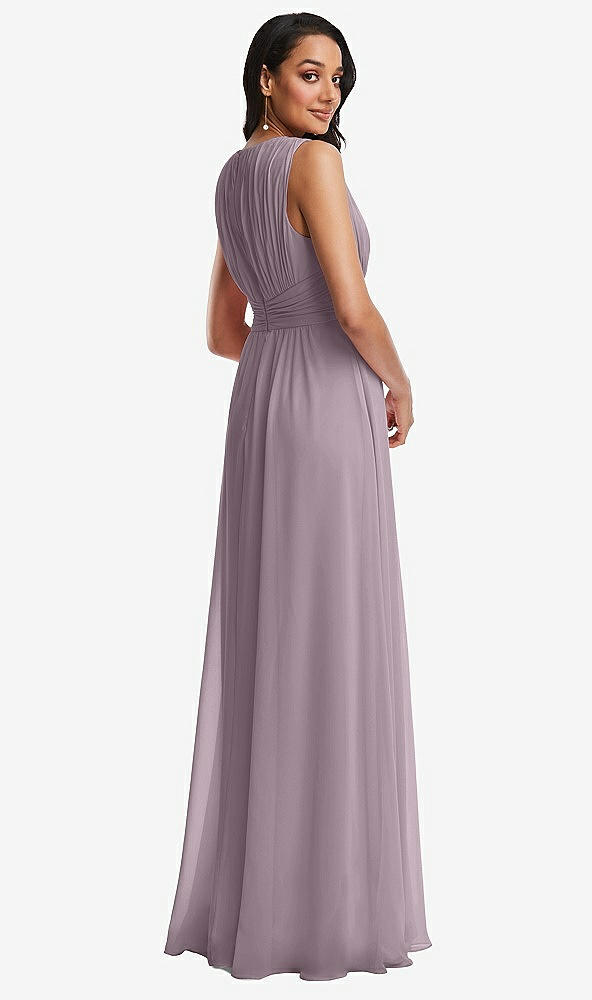 Back View - Lilac Dusk Shirred Deep Plunge Neck Closed Back Chiffon Maxi Dress 