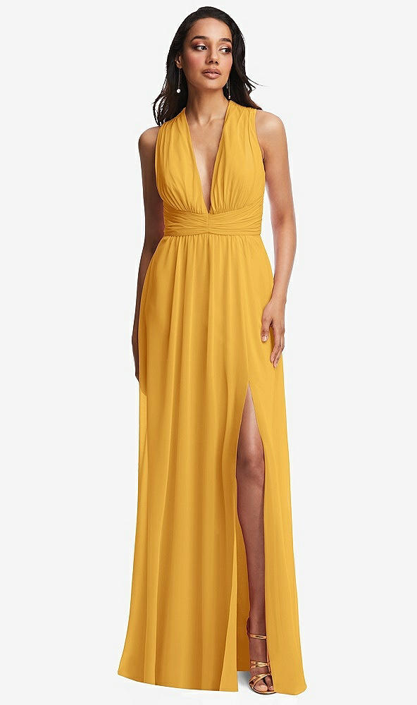 Front View - NYC Yellow Shirred Deep Plunge Neck Closed Back Chiffon Maxi Dress 